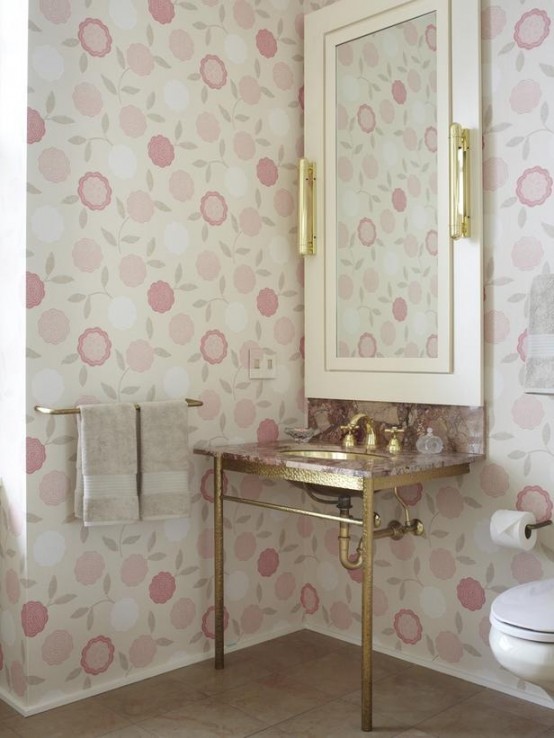 gilded sink stand and floral wallpaper look so grilish together