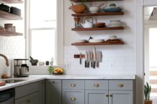 10 dark stained wooden floating shelves for a traditional kitchen look