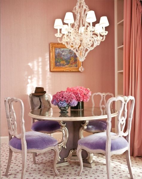 refined lavender upholstery dining chairs make this space really feminine