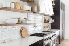 11 floating wooden shelves in a chic art deco kitchen