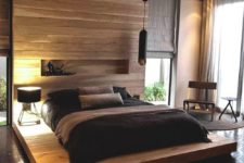 11 minimalist light-colored wooden bed with a roof and a platform ples a built-in shelf