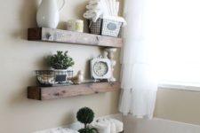 12 thick rustic floating shelves for storing bathroom stuff and decor