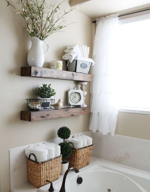 thick rustic floating shelves for storing bathroom stuff and decor