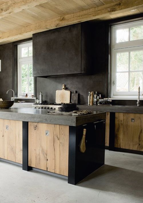 Modern black metal and light colored wooden cabinets