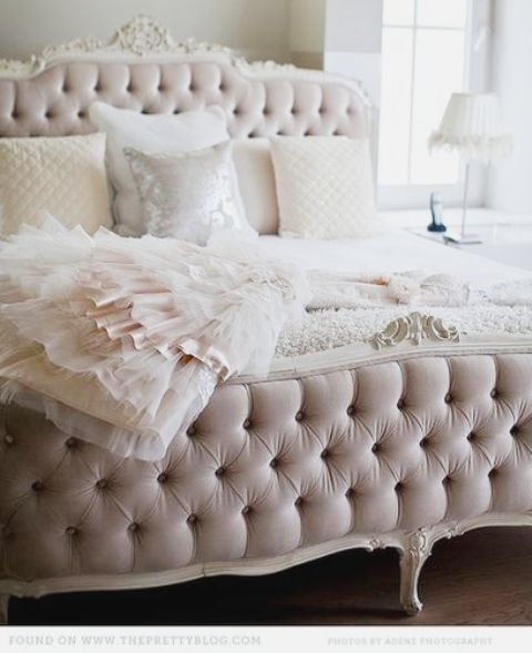 tufted blush bed is a refined perfection for a girlish bedroom