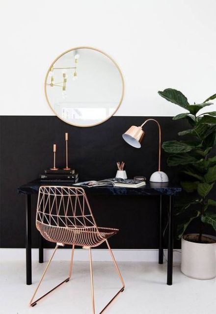 modern copper table lamp with a marble base for a girlish home office