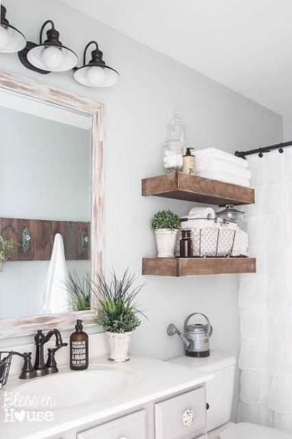 modern farmhouse bathroom with thick floating reclaimed wood shelves