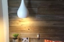 16 modern white bedside pendant lamps look contrasting with a reclaimed wood wall