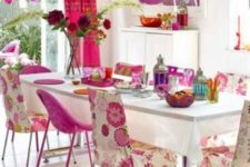 16 pink and floral upholstery dining chairs create that awesome girlish vibe