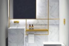 16 white marble and brass look edgy and stylish together, and simple shapes highlight the materials