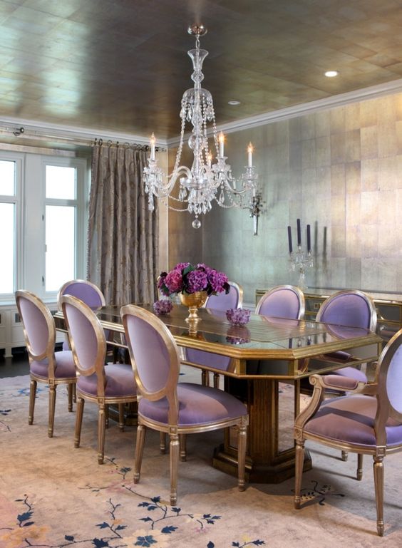 a refined dining room with lavender upholstery chairs