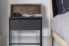 17 elegant bedside table with a wooden lid and a drawer on a metal frame