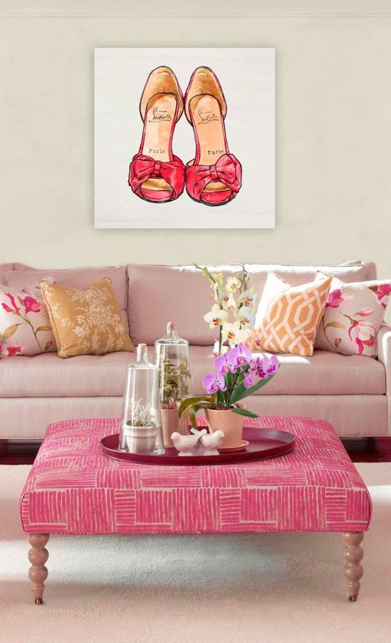 pink upholstered ottoman and coffee table in one