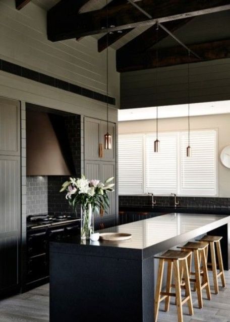 A black stone countertop is a durable solution and looks cool with light colored stools