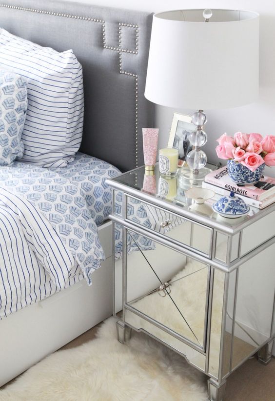 a mirrored nightstand is a cool idea for a modern girlish bedroom