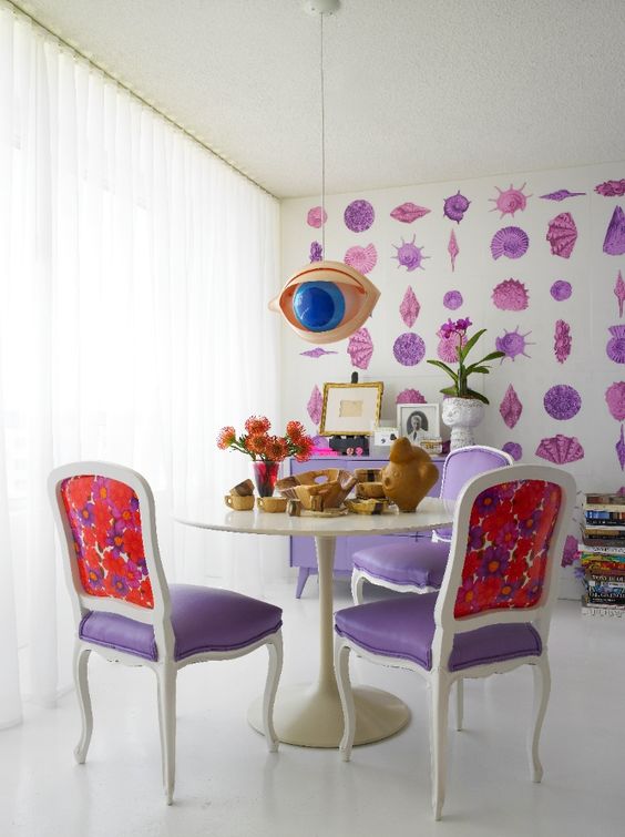 purple and floral chairs for a surreal space