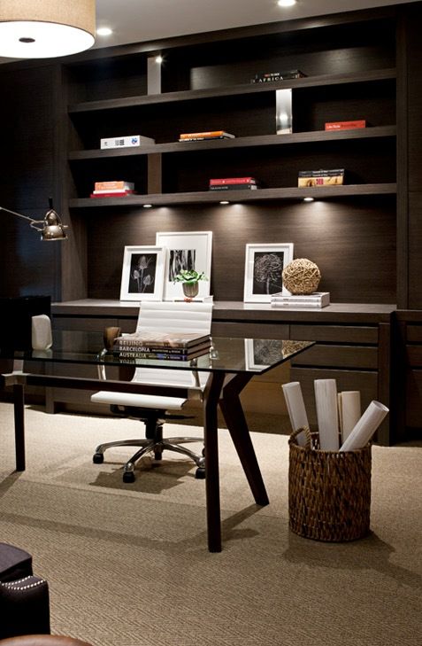 chocolate brown open shelving with lights for a modern feel