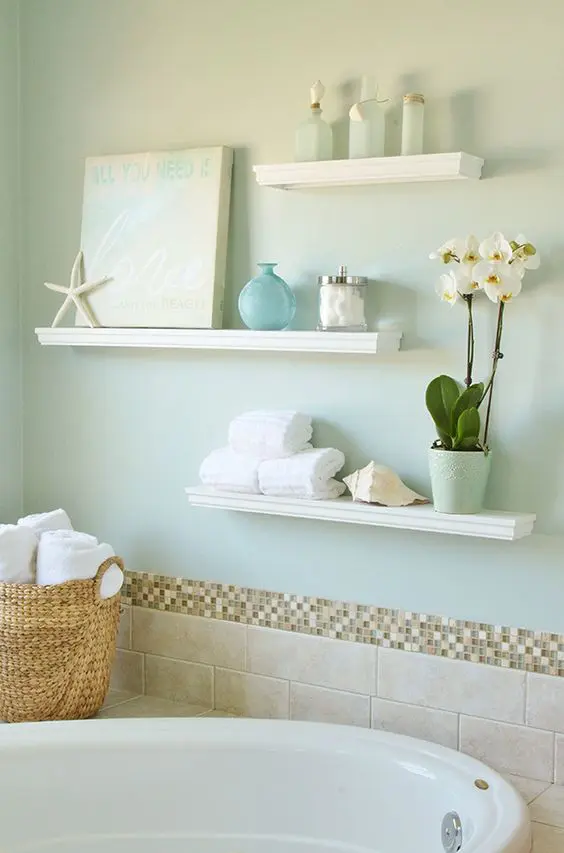 Floating display shelves for a beach inspired bathroom