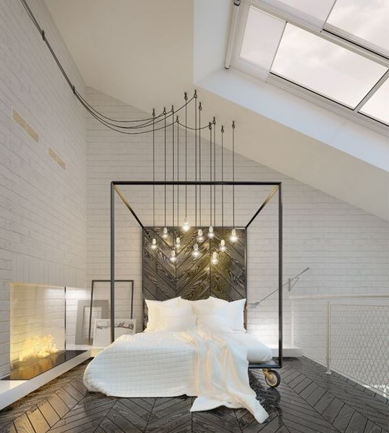  a gorgeous bulb combo over the bed looks chic and adds an industrial feel