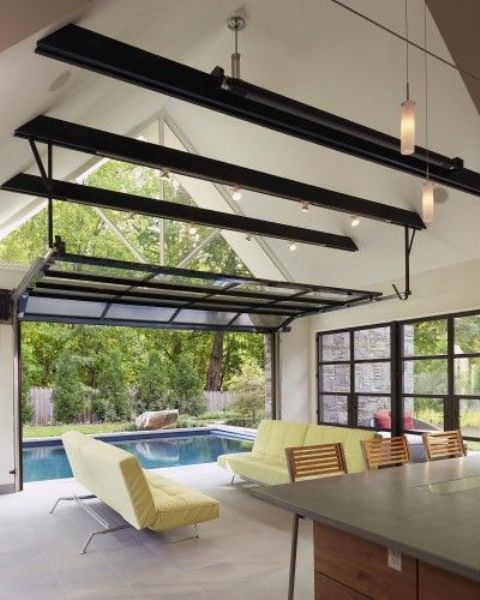 glass garage doors for opening out to the screen porch