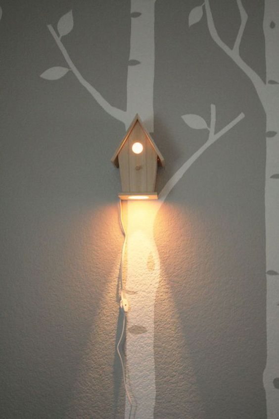 A bird house wall lamp is great for woodland themed and rustic kids rooms