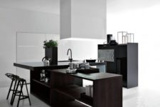 25 dark stained wooden kitchen island in a black and white kitchen