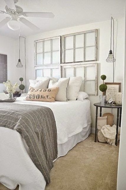 industrial black framed hanging lamps for a shabby chic bedroom