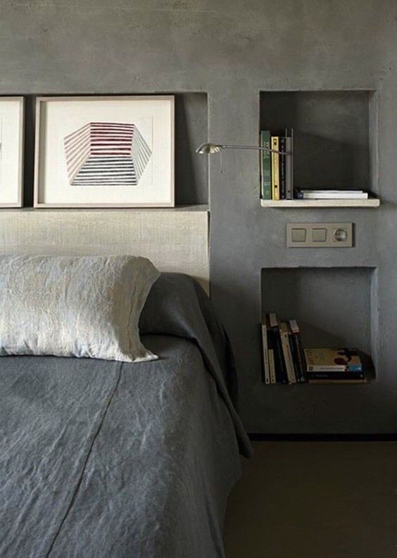 who needs bedside tables when you can have built-in storage in the walls (btw, masculine bedding is also important)