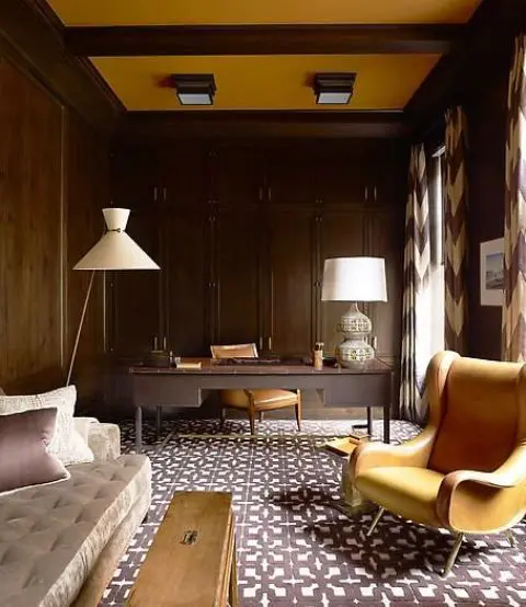 A white floor mid century modern lamp highlights the decor style