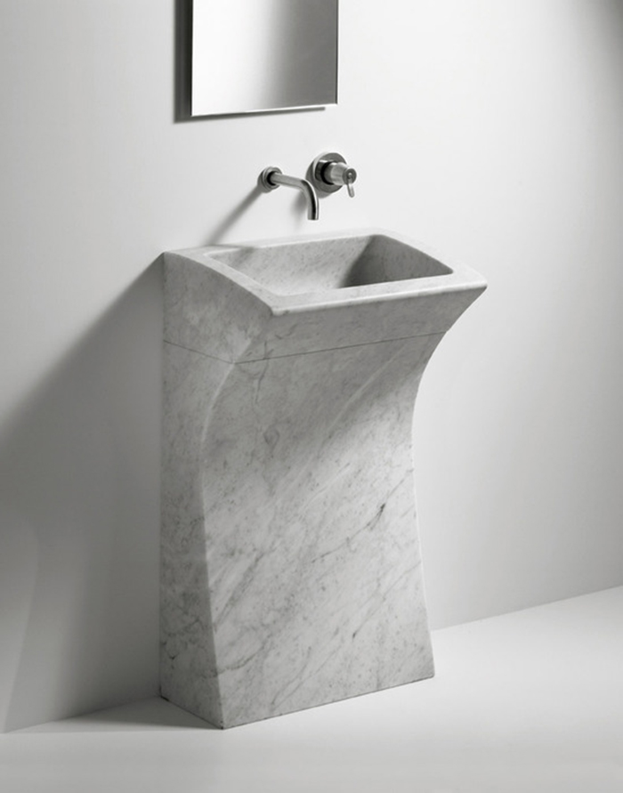 bent white marble square free-standing sink will fit any modern bathroom
