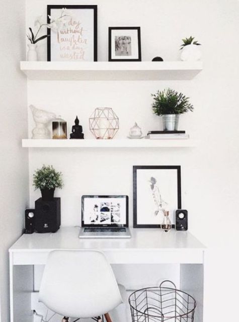 white floating shelves echo with the white lacquer desk for a perfect stylish look