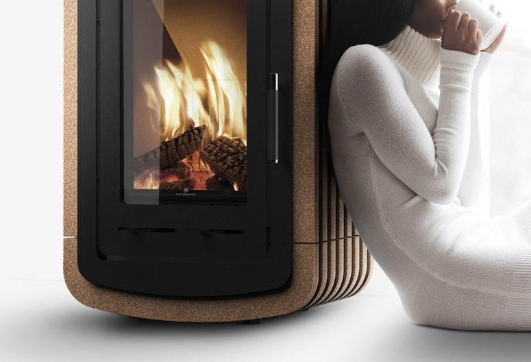 Natura is a wood stove of steel and cork with a chic modern look and very cozy and comfy