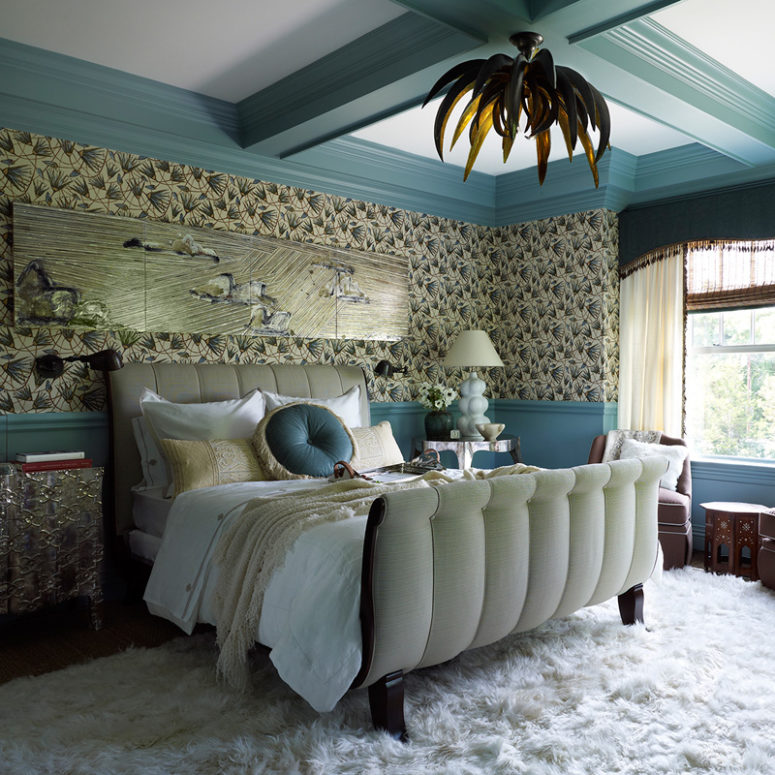 This bedroom has a whimsy and eye catching design with a beautiful and peaceful shade of blue