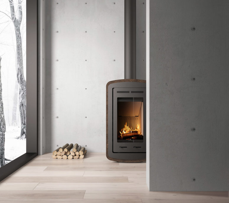 A steel stove is covered with cork to make touching it comfy and to give it a natural look