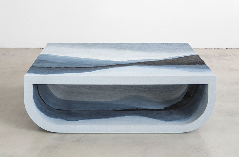 Escape coffee table of silica, powdered glass and sand in blue grey shades