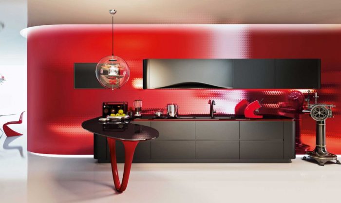 The red lacquer kitchen screams Ferrari race cars and looks really wow