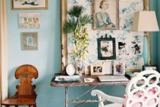 04 a light blue statement wall and works of art are amazing for a girlish space