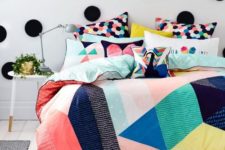 colorful patchwork bedding with geometric prints
