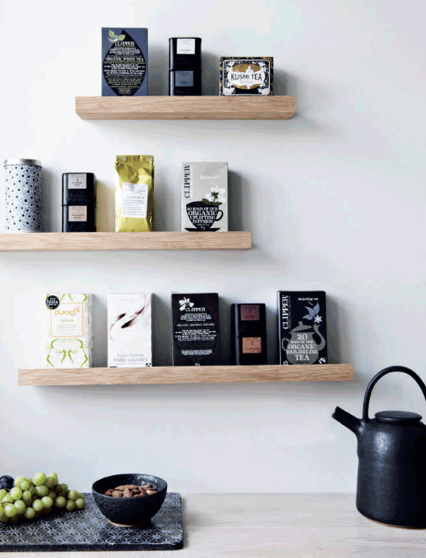 A pretty little combo of shelves with an assortment of tea and coffee