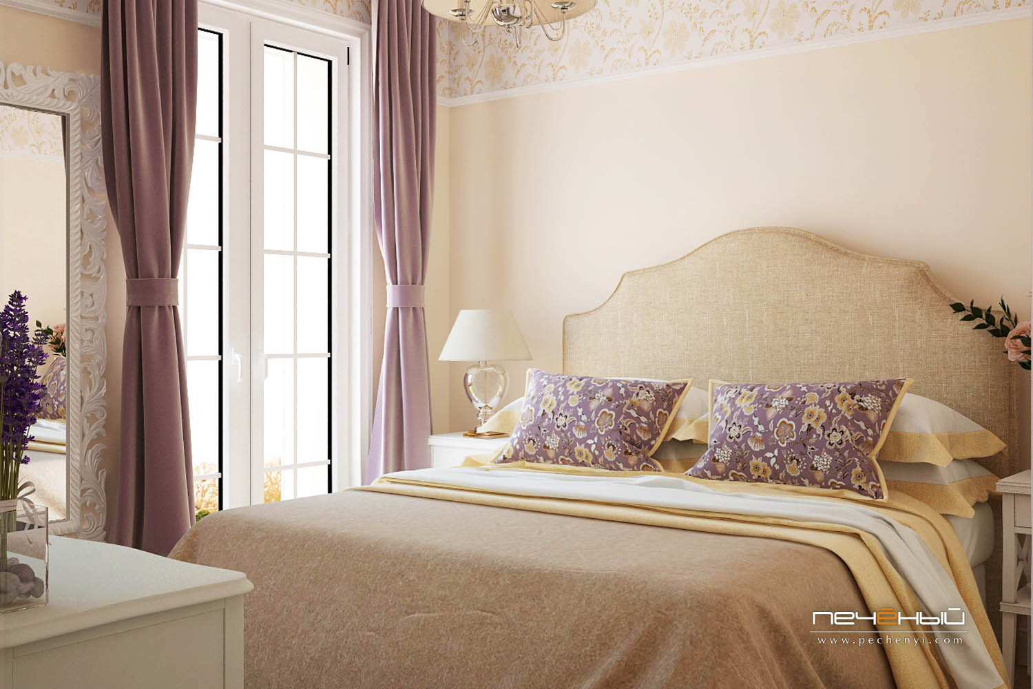 The master bedroom is done in buttermilk and purple, textiles make the room very cozy and eye catchy