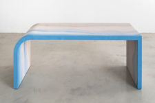 07 Escape desk shows the bold blue and neutral tones in its design