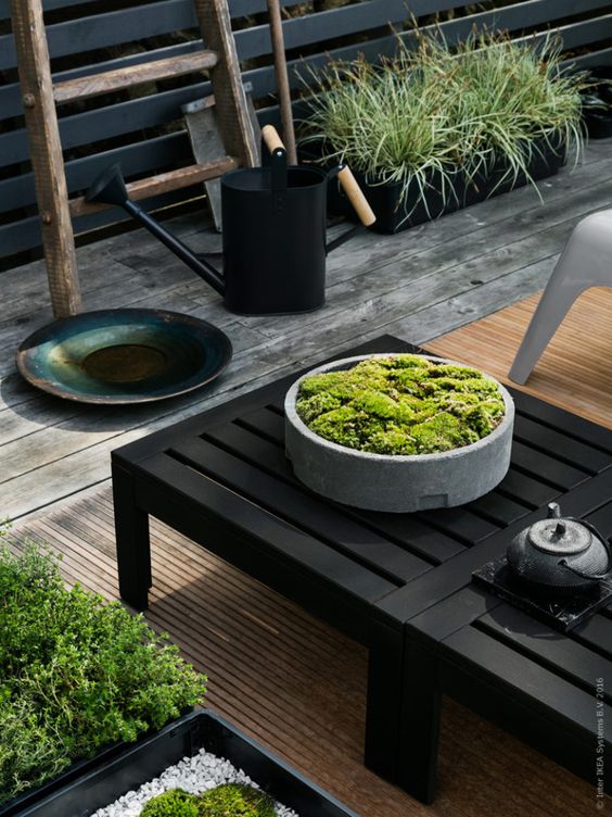 black Applaro furniture on brown decking with a moss arrangement makes the space Japanese-like
