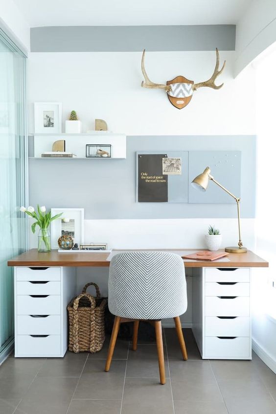 modern white desk with lots of storage space and a wooden top