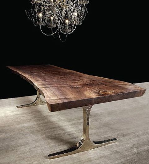 rough wooden table with silver metal legs