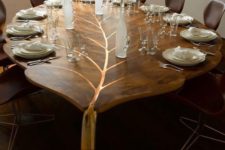 15 refined wooden leaf dining table with gold details looks just wow
