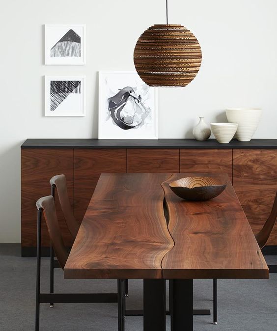 Walnut reverse matched tabletop with black steel i beam base
