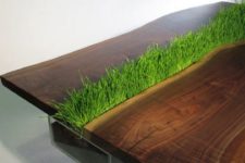 19 a dark stained wooden table with grass growing right in the center