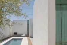 03 a clean minimalist backyard with a small narrow pool clad with white tiles
