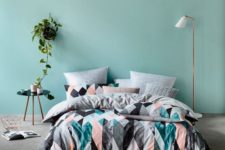 03 bold triangle duvet and pillows and calm pastel ones for more comfort
