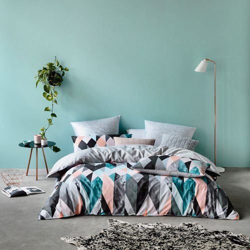 bold triangle duvet and pillows and calm pastel ones for more comfort